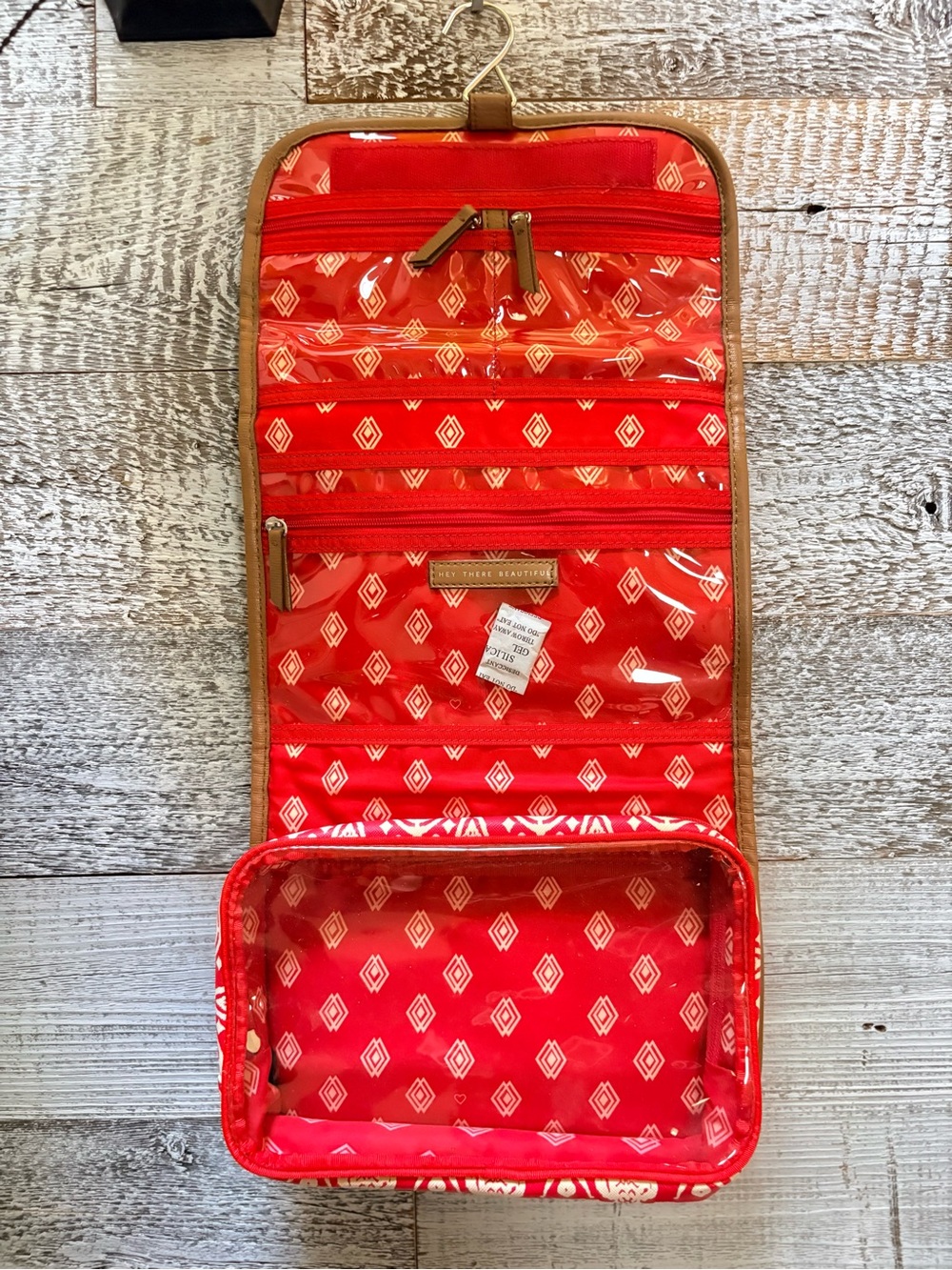 Stella & Dot | NWOT Ikat Hanging Travel Cosmetic Toiletry Bag Case - Red/Tan/Wht - Picture 6 of 9